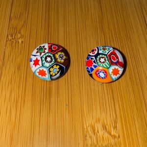 Murano Millefiori Venetian Italy Floral Art Glass Clip On Pair Earrings Jewelry